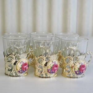 a) レトロ 七宝 ホルダー グラス 6客 陶磁器 金属 日本製 ホットグラス ショットグラス