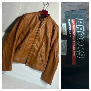 70's ヴィンテージ BROOKS LEATHER SPORTSWEAR ブルックスレザー　スタンド　シングルライダースジャケット　茶　42 XL程　CROWN C&C