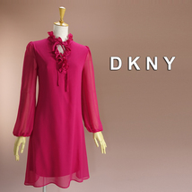 新品 DKNY 4/9号 ダナキャラン ローズピンク シフォン ワンピース パーティドレス 長袖 結婚式 二次会 フォーマル 発表会 演奏会 華39F1704_画像1