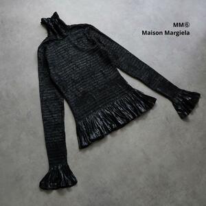 新品 MM6 メゾンマルジェラ エコレザートップス ハイネック フリル インナー 薄手 光沢感 ストレッチ素材 黒 ブラック M