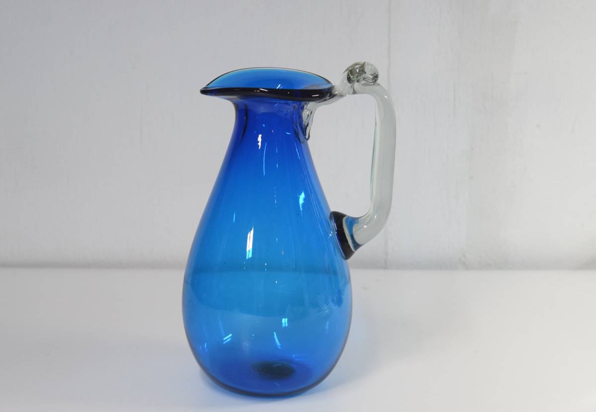 ■ Hand-blown glass blue pitcher flower vase handmade ■, Craft, glass, craft glass