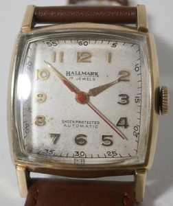 稼働品 HALLMARK 17石 自動巻 スクエア 腕時計 3針 10K GF 英数字 ホールマーク アンティーク 50s 60s Vintage Swiss Made メンズ