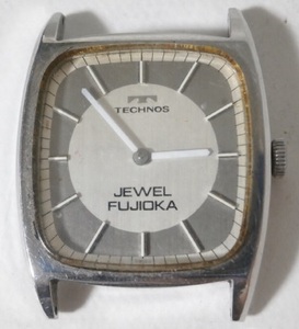 ジャンク不動品 テクノス 手巻き 17石 スクエア メンズ腕時計 2針 Vintage TECHNOS Swiss Made JEWEL FUJIOKA