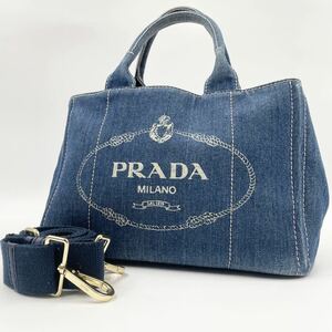 1円 PRADA プラダ カナパ デニム ギンガムチェック S 2wayショルダーバック 肩がけ 白タグ インディゴブルー レディース