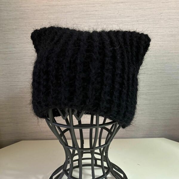 手編み☆ふわふわモヘアのネコ耳帽子　黒
