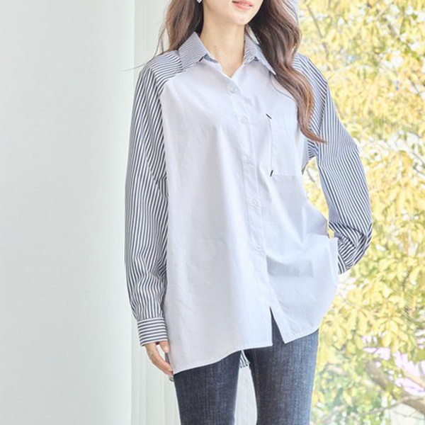 新品☆L〜LL 大きいサイズ ストライプ×無地 ポケットデザイン シャツ ブラウス レディース 長袖 秋 40代 50代 60代/ブラック/12006257