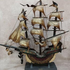 帆船模型 木製 ROME アンティーク 完成品？ 大型 オブジェ 置物 ローマ 船 インテリア小物 雑貨 コレクション 高さ約64cm×横63.5cm の画像1