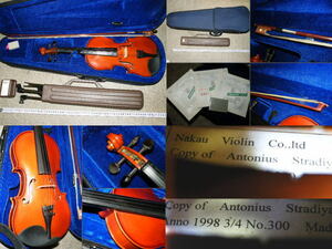 o品名o Nakau バイオリンAntonius Stradivarius 1720 1998 3/4 No.300などラベル有り 保護ケース 楽譜立て?などセットで♪楽弦楽器 演奏