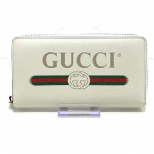 グッチ GUCCI 長財布 496317 プリント ジップアラウンドウォレット レザー アイボリー×グレー×マルチ ラウンドファスナー 美品 財布