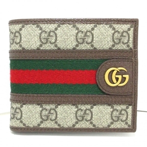 グッチ GUCCI 2つ折り財布 597609 オフィディア PVC(塩化ビニール)×レザー ベージュ×ダークブラウン×マルチ 美品 財布