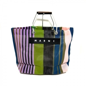 マルニ MARNI トートバッグ SHMHR08A01TN296 フラワーカフェショッピングトートバッグ ナイロン×アルミニウム×レザー ストライプ 美品