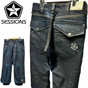 人気！あったか 美品 SESSIONS セッションズ サイズS リアルデニム ジーンズ DENIM RECCO スノボーパンツ 撥水 防水 インディゴ 濃紺 