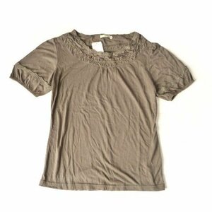  new goods kibi puff sleeve short sleeves cut and sewn T-shirt embroidery race khaki M size lady's 