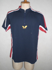 BUTTERFLY　バラフライ　卓球　ピンポン　ジップアップ半袖シャツ　レジセーノシャツ　L　㈱タマス　紺白赤金　品番４２６６０