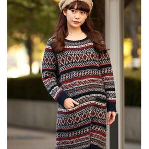 【美品】Coen ジャガードシェットニットワンピース マルチカラー 毛100%