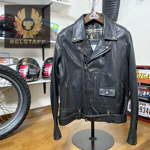 未使用☆BELSTAFF ベルスタッフ 「MUSTANG JACKET」羊革 ダブルライダース レザージャケット ブラック/48（L〜XL相当）イタリア製