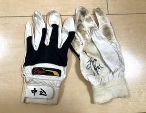 阪神タイガース★♯1中込伸★直筆サイン入り実使用★バッティンググローブ手袋Sluggerスラッガー野球 バッティング手袋 グラブ革手甲府工業