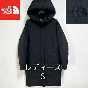 美品人気 ノースフェイス ロゴ刺繍 ダウンコート レディースS グースダウン 黒 THE NORTH FACE ブラック