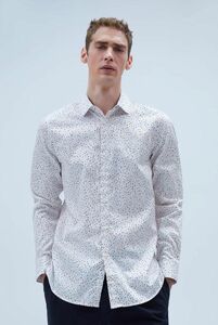 ZARA（ザラ）しずくプリント柄シャツ、スリムフィット襟付きシャツ、袖口ボタンの長袖、ボタンアップフロント【サイズ】S【色】白