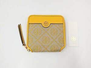 1000円～【未使用】TORY BURCH トリーバーチ キャンバス×レザー 総柄 二つ折り 財布 ウォレット 小銭入れ ベージュ系×イエロー系