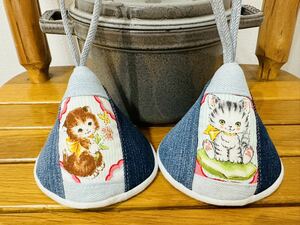 三角鍋つかみ★staubストウブ　ホーロー鍋★ミトン★鍋つかみ★デニムリメイク　ネコ　猫　ねこ