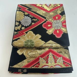 ●きもの翠● 唐織 錦織 刺繍 桃園 どんす 黒地 金銀糸 振袖用 フォーマル 花 蝶々 袋帯 六通 正絹 和装 和服 着物 #Y565