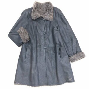 ★Real Mouton Coat 巻き毛 羊革 ムートン リバーシブルコート L相当 ダークグレー ムートンコート ボアコート レザーコート 女性用