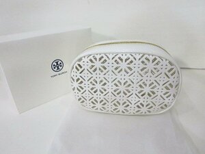 TORY BURCH [トリーバーチ] ポーチ コスメケース コスメポーチ ホワイト 幾何学模様 オーバル型 PVC 19×h12.5×7.5cm /未使用品 V13.1