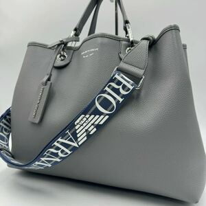 1円〜【極美品】EMPORIO ARMANI エンポリオアルマーニ メンズ トートバッグ 斜め掛け A4 2way ショルダー ビジネス レザー 本革 グレー