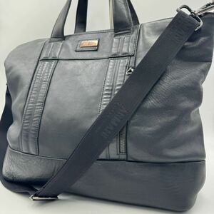 1円〜【極美品】ARMANI アルマーニ メンズ トートバッグ 2way A4 大容量 ショルダー ビジネス プレート ロゴ レザー 本革 ブラック 黒