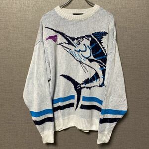  редкость 90s USA Vintage Vintage хлопок вязаный свитер America б/у одежда Jaguar do рыба рыбалка уличный животное вышивка 
