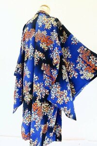 【着物フィ】アンティーク 長羽織 身丈100cm 青 ビビット 可愛い レトロ 大正モダン 仕立て上がり 正絹 kimono 15457