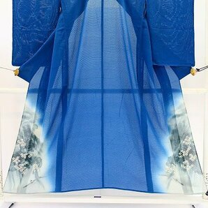 【着物フィ】アンティーク 色留袖 絽 縮緬 群青色 身丈149cm 桜 大正ロマン レトロ kimono 仕立上がり 13887の画像1