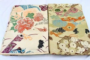 【着物フィ】1円 アンティーク 丸帯 袋帯 2本セット まとめて　鶴　松　刺繍　正絹　大正ロマン　レトロ　お洒落 豪華　15421