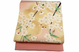 【送料無料】未使用品　名古屋帯　友禅　桜　縮緬 3m63cm ピンク　オリエンタル　お洒落　正絹　仕立て上がり　m-5567