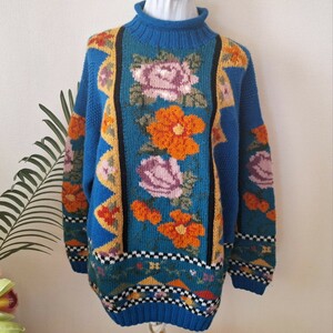 ◆美品◆ターコイズブルー◆フラワー◆HAND KNITTED◆オーバーサイズニット◆M◆