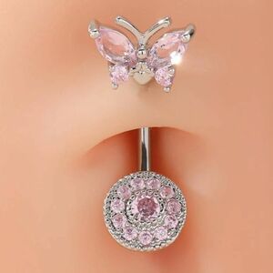 新品 ピンク 蝶 バタフライ へそピアス ボディピアス 軟骨 耳 14G 可愛い 高見え ラインストーン キラキラ ファッション
