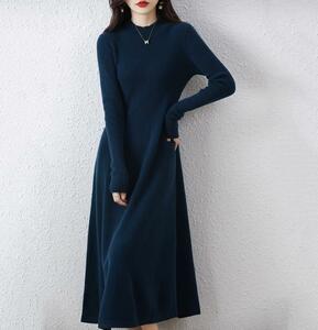 秋冬季 /ニット ワンピース レディース ロング丈 セーター ストレッチ 着痩せ 優雅 気質 ニット ロングワンピース/ 紺