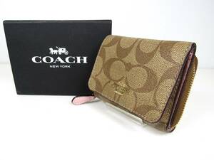 美品 COACH 41302 三つ折り財布 ピンク ベージュ シグネチャー コーチ 財布 ウォレット ミニ財布 スモール 箱付き ブランド USED品 