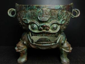 「商周時期 青銅器彫 獣面銘文青銅三足火盆」青銅器 置物擺件 賞物 中国古美術 旧蔵出