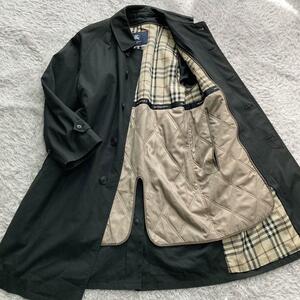 美品 BURBERRY LONDON バーバリー ロンドン ステンカラーコート チェック ロング ノバチェック 黒 ブラック ライナー メンズ