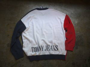 新品2.2万 US購入 XL トミージーンズ ロゴ トリコカラー ニット カーディガン フラッグ 刺繍 / TOMMY HILFIGER TOMMYJEANS