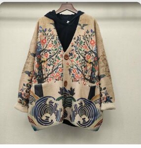 yhニットカーディガン羽織物 セーター アウター フリーサイズ(M-L) 暖かい レトロ風オシャレ プリント和風花柄Ｖネック
