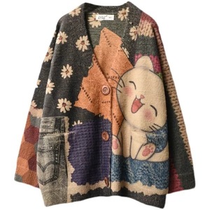 yhニットカーディガン羽織物 セーター アウター フリーサイズ(M-L) 暖かい レトロ風オシャレ プリント猫柄Ｖネック