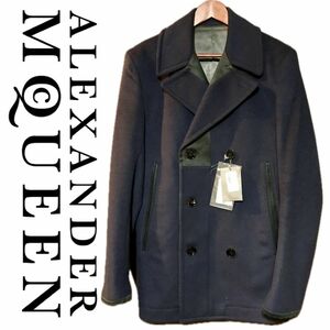 【美品】Alexander Mcqueen カシミア・シルク混ネイビーピーコート アレキサンダー・マックウィーン 46 メンズ