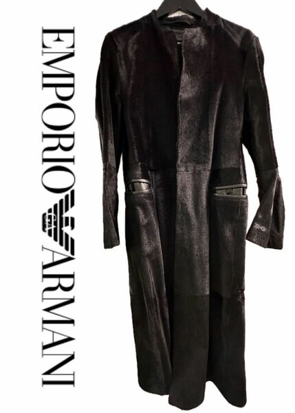 【美品・貴重】Emporio Armani カーフハラコレザー ロングコート 本革 毛皮 ブラック 黒