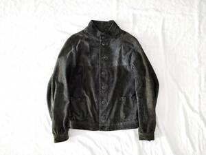 90s Giorgio Armani ショートブルゾン 黒タグ スタンドカラー ダークネイビー ボンバージャケット スエードレザー A1 Archive Euro Vintage