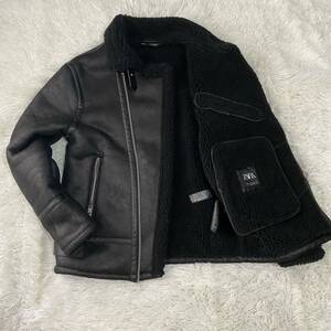 極美品 【超希少XL!! 】ZARA ムートンジャケット ダブルライダース フライトジャケット 肉厚 極暖 ボマー ブラック B-3 総ボア 高級感 