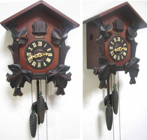 ビンテージ 西ドイツ製 BADUF 鳩時計 吹子+鐘 機械式/振り子/錘 屋根飾り欠品 稼働 