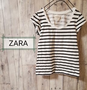 #レディース(トップス【ZARA】☆ザラ☆可愛いTシャツ☆白黒ボーダー柄☆表記サイズ(M)S～M相当☆送料無料☆（cc-1）